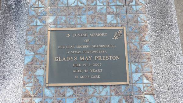 Gladys May PRESTON  | d: 19 May 2005 aged 92  |   | Kilkivan cemetery, Kilkivan Shire  | 
