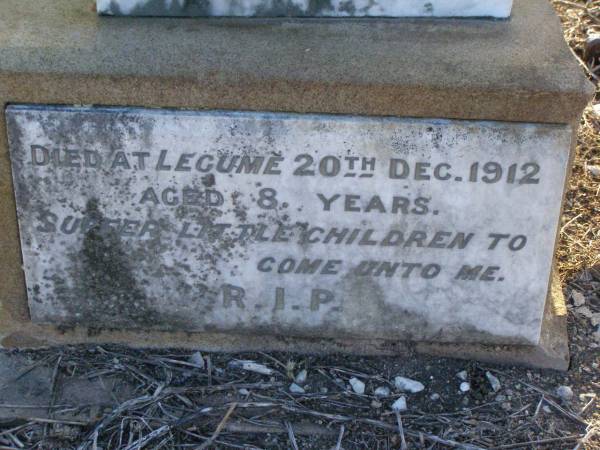 Irene Mary,  | only daughter of W. & L. DUNN,  | died Legume 20 Dec 1912 aged 8 years;  | Killarney cemetery, Warwick Shire  | 