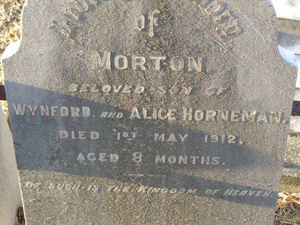 Morton,  | son of Wynford & Alice HORNEMAN,  | died 1 May 1912 aged 8 months;  | Killarney cemetery, Warwick Shire  | 
