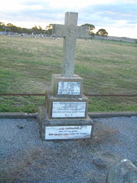 James,  | husband of Catherine HUGHES,  | died 2 Feb 1921 aged 76 years;  | Mary,  | daughter,  | died 19 Nov 1898 aged 2 years;  | Catherine,  | wife,  | died 11 Nov 1929 aged 74 years;  | Killarney cemetery, Warwick Shire  | 