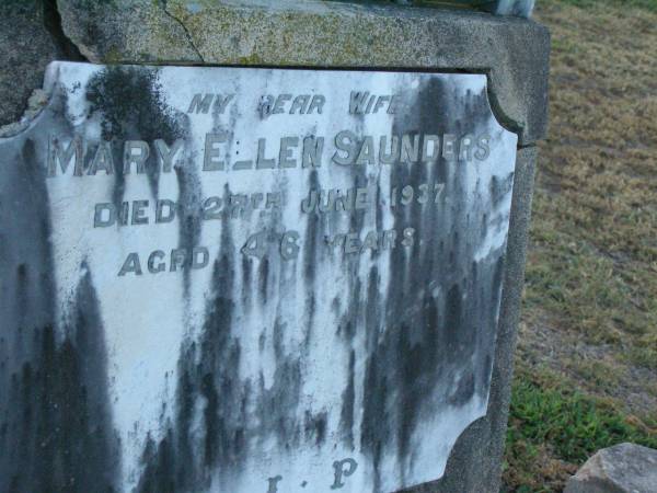 Mary Ellen SAUNDERS,  | wife,  | died 27 June 1937 aged 46 years;  | Killarney cemetery, Warwick Shire  | 