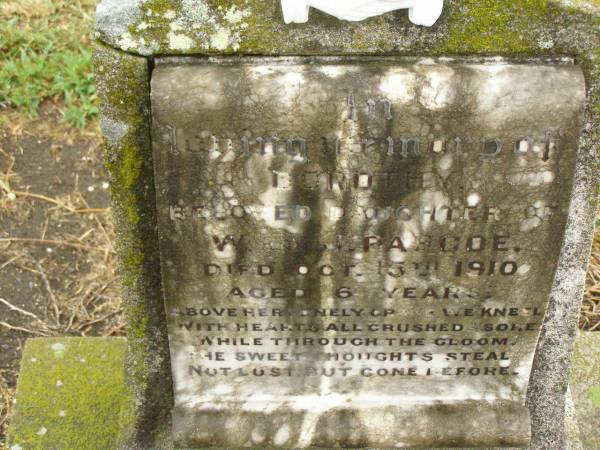 Dorothy,  | daughter of W. & J?. PASCOE,  | died 15 Oct 1910 aged 6 years;  | Killarney cemetery, Warwick Shire  | 