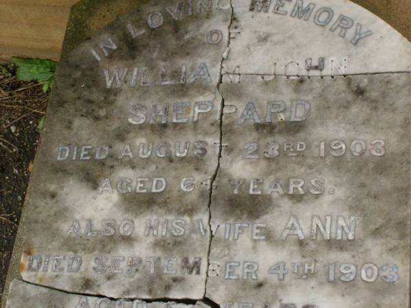 William John SHEPPARD,  | died 23 Aug 1903 aged 64 years;  | Ann,  | wife,  | died 4 Sept 1903 aged 55? years;  | Albert James,  | son,  | died 10? July 1890 aged 12 years;  | erected by daughter Elesia Ann SHEPPARD;  | Killarney cemetery, Warwick Shire  | 