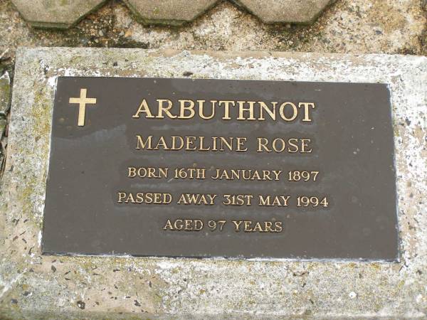 Madeline Rose ARBUTHNOT,  | born 16 Jan 1897,  | died 31 May 1994 aged 97 years;  | Killarney cemetery, Warwick Shire  | 