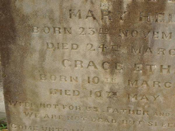 children of James & Jane BRADFORD;  | Mary Helen,  | born 23 Nov 1869,  | died 24 March 1886;  | Grace Ethel,  | born 10 March 1886,  | died 10 May 1886;  | Charles George BRADFORD,  | son,  | died 16 Aug 1899 aged 20 years,  | erected by mother;  | Jane BRADFORD,  | died 29 Oct 1920 aged 69 years;  | James BRADFORD,  | died 20 July 1943 aged 94 years;  | Killarney cemetery, Warwick Shire  | 