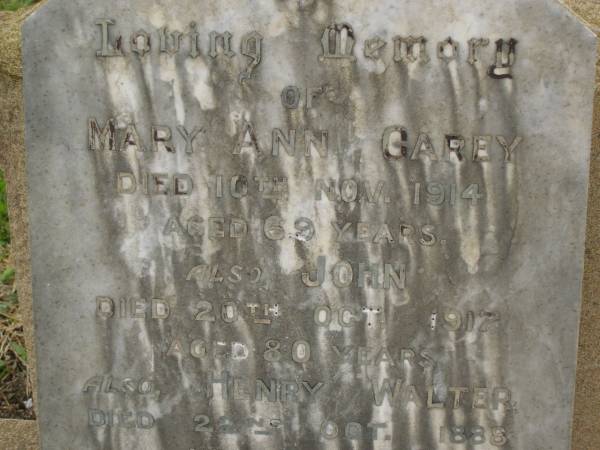 Mary Ann CAREY,  | died 10 Nov 1914 aged 69 years;  | John,  | died 20 Oct 1917 aged 80 years;  | Henry Walter,  | died 22 Oct 1888 aged 10 years;  | Elizabeth,  | born 12? July 1871,  | died March 1892 aged 21 years;  | Killarney cemetery, Warwick Shire  | 