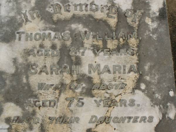 Thomas William BRADFORD,  | aged 87 years;  | Sarah Maria BRADFORD,  | wife,  | aged 75 years;  | Harriet Susan BRADFORD,  | daughter,  | aged 25 years;  | Mary Jane,  | daughter,  | aged 22 years;  | Sarah BRADFORD,  | grand-daughter,  | died 20 June 1920 aged 5 years;  | Killarney cemetery, Warwick Shire  | 