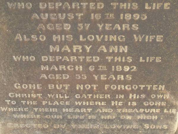 Allen GRAYSON,  | died 16 Aug 1895 aged 57 years;  | Mary Ann,  | wife,  | died 6 March 1892 aged 55 years;  | erected by sons;  | Killarney cemetery, Warwick Shire  | 