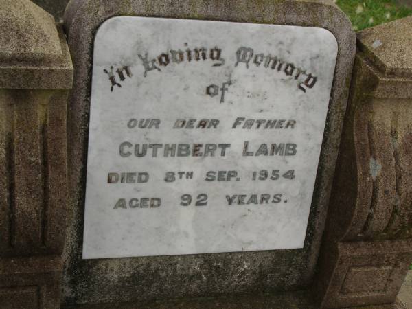 Mary Elizabeth,  | wife of Cuthbert LAMB,  | died 15 July 1903 aged 39 years;  | three children;  | Mary JONES,  | mother,  | died 25 June 1892 aged 59 years;  | Cuthbert LAMB,  | father,  | died 8 Sept 1954 aged 92 years;  | Dina Isabella LAMB,  | sister,  | died 22 Sept 1974 aged 85 years;  | Killarney cemetery, Warwick Shire  | 