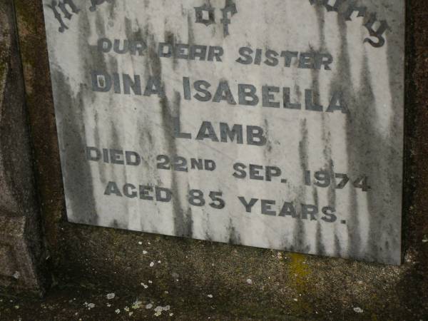 Mary Elizabeth,  | wife of Cuthbert LAMB,  | died 15 July 1903 aged 39 years;  | three children;  | Mary JONES,  | mother,  | died 25 June 1892 aged 59 years;  | Cuthbert LAMB,  | father,  | died 8 Sept 1954 aged 92 years;  | Dina Isabella LAMB,  | sister,  | died 22 Sept 1974 aged 85 years;  | Killarney cemetery, Warwick Shire  | 