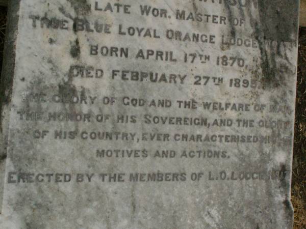 George GRAYSON,  | born 17 April 1870,  | died 27 Feb 1899;  | Killarney cemetery, Warwick Shire  | 