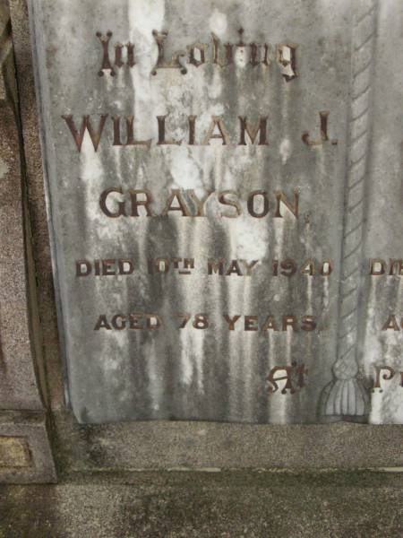 William J. GRAYSON,  | died 10 May 1940 aged 78 years;  | Louisa C. GRAYSON,  | died 30 Sept 1939 aged 75 years;  | Lilian Lamb GRAYSON,  | daughter,  | died 12 Sept 1903 aged 10 months;  | Killarney cemetery, Warwick Shire  | 