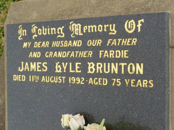 James Lyle BRUNTON,  | husband father,  | died 11 Aug 1992 aged 75 years;  | Killarney cemetery, Warwick Shire  | 