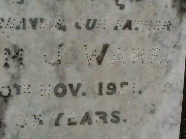 William J. WARE,  | husband father,  | died 30 Nov 1951 aged 55 years;  | Ivy Pearl WARE,  | mother,  | died 27 Dec 1965 aged 64 years;  | Killarney cemetery, Warwick Shire  | 