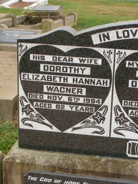 Dorothy (Dot) Elizabeth Hannah WAGNER,  | wife,  | died 6 Nov 1994 aged 82 years;  | Owen David WAGNER,  | husband father,  | died 20 Aug 1983 aged 83 years;  | Arthur Owen Charles WAGNER,  | son,  | accidentally killed 8 June 1954 aged 17 years;  | Killarney cemetery, Warwick Shire  | 