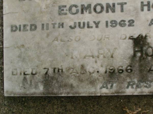 Egmont (Monty) HOMAN,  | husband father,  | died 11 July 1962 aged 80 years;  | Mary HOMAN,  | mother,  | died 7 Aug 1966 aged 86 years;  | Killarney cemetery, Warwick Shire  | 