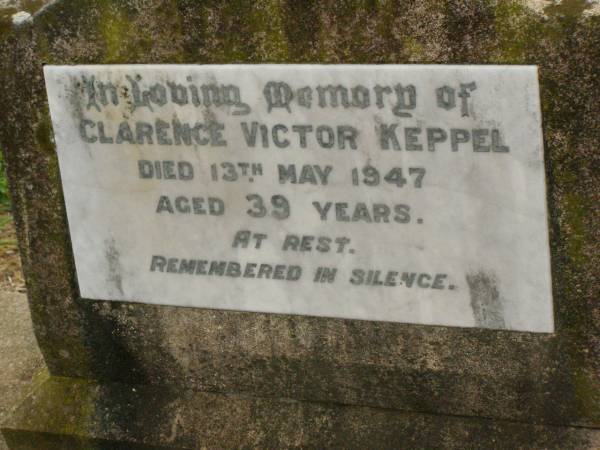 Clarence Victor KEPPEL,  | died 13 May 1947 aged 39 years;  | Killarney cemetery, Warwick Shire  | 