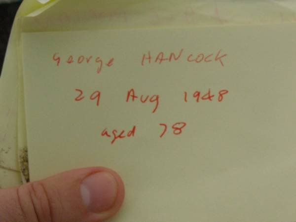 George HANCOCK,  | husband father,  | died 29 Aug 1948 aged 78 years;  | Emily Rachel HANCOCK,  | mother,  | died 27 Aug 1965 aged 95 years;  | Killarney cemetery, Warwick Shire  | 