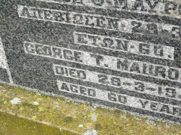 George T. MAUROMATIS,  | died 29-3-1942 aged 60 years;  | Killarney cemetery, Warwick Shire  | 