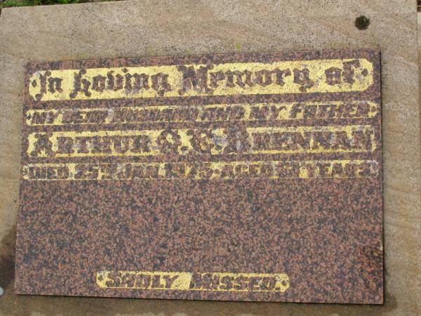 Arthur G.E. BRENNAN,  | husband father,  | died 25 Jan 1975 aged 61 years;  | Killarney cemetery, Warwick Shire  | 