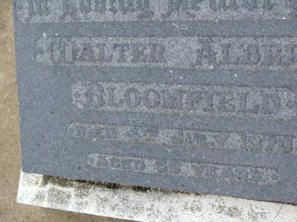Walter Albert BLOOMFIELD,  | died 4 July 1970 aged 59 years;  | Killarney cemetery, Warwick Shire  | 