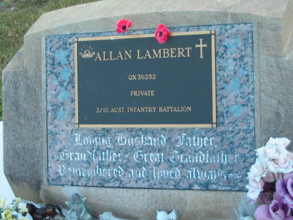 Allan LAMBERT,  | husband father grandfather greatgrandfather;  | Killarney cemetery, Warwick Shire  | 