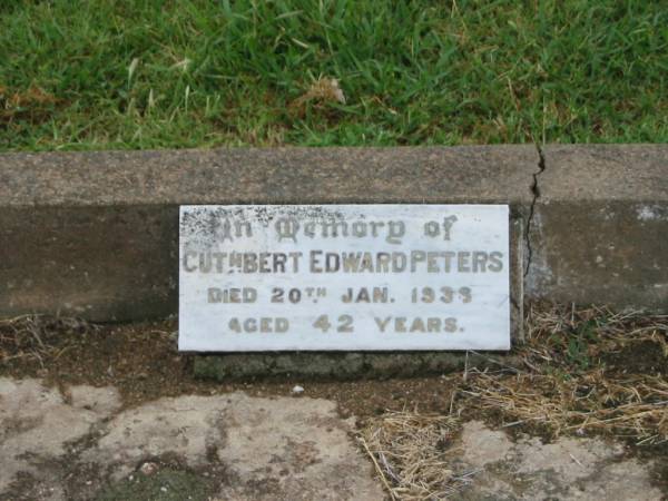 Cuthbert Edward PETERS,  | died 20 Jan 1939 aged 42 years;  | Susan PETERS,  | died 27 Sept 1937 aged 80 years;  | Beatrice Mary PETERS,  | died 30 Jan 1940,  | cremated Brisbane;  | John PETERS,  | died 25 Sept 1937 aged 81 years;  | Killarney cemetery, Warwick Shire  | 