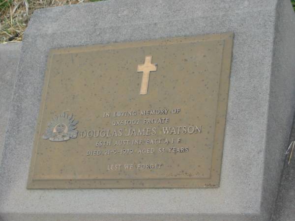 Douglas James WATSON,  | died 21-9-1979 aged 53 years;  | Killarney cemetery, Warwick Shire  | 