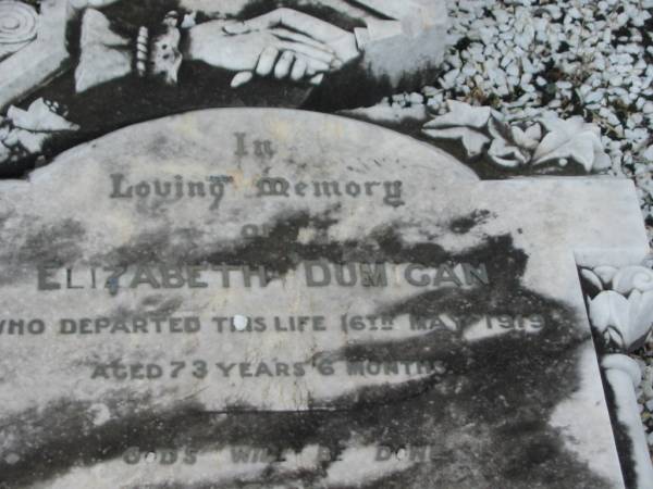 Elizabeth DUMIGAN,  | died 15 May 1919 aged 73 years 6 months;  | John DUMIGAN,  | husband,  | born 24 Dec 1847,  | died 26 Aug 1927;  | Killarney cemetery, Warwick Shire  | 