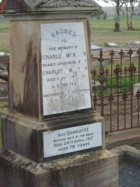 Charles MCINTOSH,  | husband of Charlotte MCINTOSH,  | father,  | died 26 Sept 1904 aged 72 years;  | Charlotte,  | wife,  | died 24 April 1917 aged 78 years;  | Killarney cemetery, Warwick Shire  | 