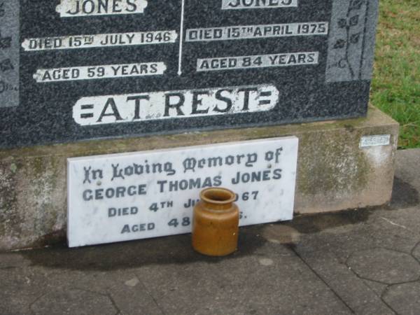James G.H. JONES,  | died 15 July 1946 aged 59 years;  | Sybil M. JONES,  | died 15 April 1975 aged 84 years;  | George Thomas JONES,  | died 4 June 1967 aged 48 years;  | Jean Sybil JONES,  | daughter,  | died 1 Jan 1930? aged 13 1/2 years;  | Killarney cemetery, Warwick Shire  | 