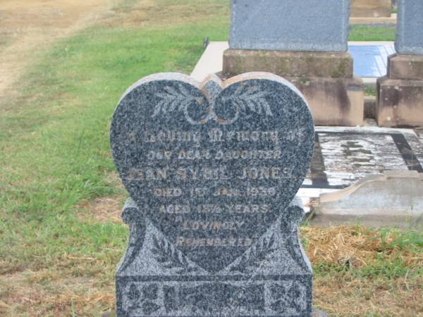 James G.H. JONES,  | died 15 July 1946 aged 59 years;  | Sybil M. JONES,  | died 15 April 1975 aged 84 years;  | George Thomas JONES,  | died 4 June 1967 aged 48 years;  | Jean Sybil JONES,  | daughter,  | died 1 Jan 1930? aged 13 1/2 years;  | Killarney cemetery, Warwick Shire  | 