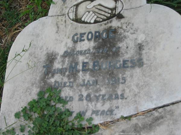 George,  | son of T. & M.E. BURGESS,  | died Jan 1915 aged 26 years;  | Killarney cemetery, Warwick Shire  | 