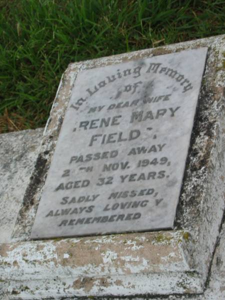 Irene Mary FIELDS,  | wife,  | died 20? Nov 1949 aged 32 years;  | Killarney cemetery, Warwick Shire  | 