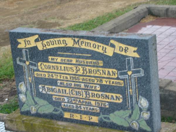 Cornelius R. BROSNAN,  | husband,  | died 24 Feb 1965 aged 78 years;  | Abigail (Cis) BROSNAN,  | wife,  | died 22 April 1976 aged 84 years;  | Killarney cemetery, Warwick Shire  | 