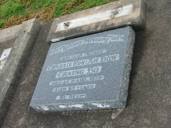 Charlie (Con) Ah Bow Chaing BO,  | died 24 Aug 1973 aged 89 years;  | Killarney cemetery, Warwick Shire  | 