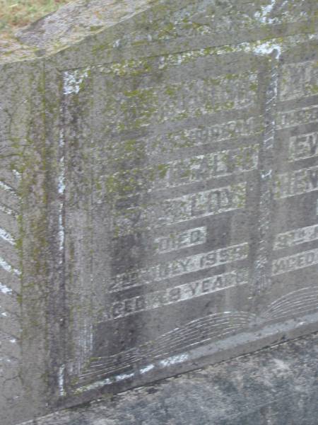 Annie Jane LOY,  | mother,  | died 9 Sept 1934 aged 55 years,  | erected by sons & daughters;  | Leslie Alec ??? LOY,  | husband,  | died 2 July 1959 aged 48 years;  | Everell Henry LOY,  | brother,  | died 9 Nov 1957 aged 59 years;  | Killarney cemetery, Warwick Shire  | 