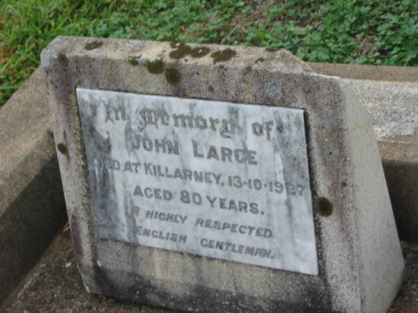 John LARGE,  | died Killarney 13-10-1997 aged 80 years,  | English;  | Killarney cemetery, Warwick Shire  | 