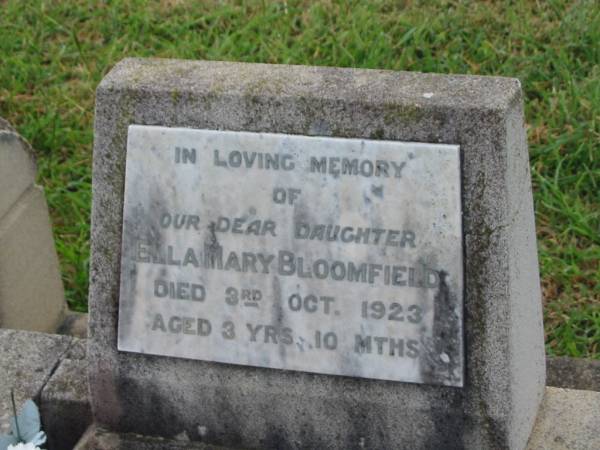 Ella Mary BLOOMFIELD,  | daughter,  | died 3 Oct 1923 aged 3 years 10 months;  | Aileen May DOMJAHN,  | died 4 March 1961 aged 5 years;  | Carol Margaret PAGE,  | died 7 June 1955 aged 5 years;  | Killarney cemetery, Warwick Shire  | 