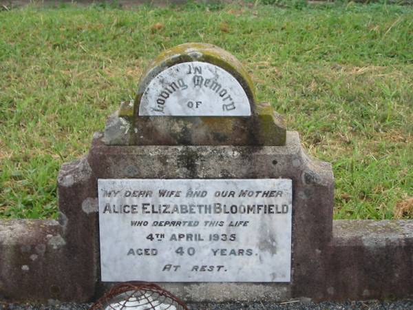Alice Elizabeth BLOOMFIELD,  | wife mother,  | died 4 April 1935 aged 40 years;  | Edward Alfred BLOOMFIELD,  | father,  | died 1 April 1950 aged 73 years;  | Killarney cemetery, Warwick Shire  | 
