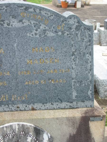 Christina MADSEN,  | died 25 Aug 1934 aged 62 years;  | Mads MADSEN,  | died 22 Jan 1931 aged 61 years;  | Ruth Sylvia MADSEN,  | born 22 Nov 1915,  | died 1 Feb 1916,  | erected by parents;  | Killarney cemetery, Warwick Shire  | 