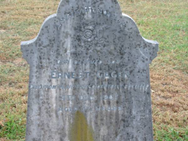 Ernest GAGEN,  | son,  | died from injuries accidentally received  | 4 Dec 1907 aged 5 1/2 years;  | Lillian,  | wife of Patrick GAGEN,  | died 22 Sept 1919 aged 46 years,  | erected by husband & sons;  | Killarney cemetery, Warwick Shire  | 