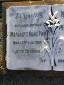 Margaret Kong POW, mother, died 13 Feb 1920 aged 78 years; Florence Jane HING, died 19 Feb 1915 aged 27 years; Killarney cemetery, Warwick Shire 