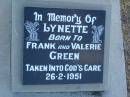 Lynette, child of Frank & Valerie GREEN, died 26-2-1951; Killarney cemetery, Warwick Shire 