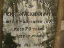 Henry Spackman WATTS, died 6 Nov 1920 aged 70 years; Caroline, wife, died 23 May 1937 aged 79 years; Killarney cemetery, Warwick Shire 