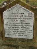 
James John,
son of A. & M. HOFFMAN,
accidentally killed 11 May 1888 aged 25 years;
Margaret,
wife,
died 10 April 1904 aged 66 years;
Anthony HOFFMAN,
husband father,
died 30 Nov 1910 aged 69 years;
Killarney cemetery, Warwick Shire
