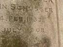 Elizabeth SCHUSSER, wife of John SCHUSSER, born 14 Feb 1833, died 19 July 1908; Killarney cemetery, Warwick Shire 