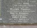 
Thomas MAGARRY,
died 26 July 1937 aged 75 years;
Jane,
wife,
died 29 Aug 1941 aged 73 years;
children;
William Thomas,
died 23 March 1918 aged 31 years;
Bertie Edward,
died 18 Feb 1899;
Emily Ethel,
died 29 March 1891;
Killarney cemetery, Warwick Shire
