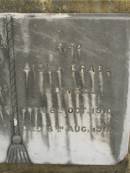 
Theophilus HOWELL,
died 11 March 1902 aged 77 years,
born in Wales,
lived in Qld 50 years;
Anne HOWELL,
wife,
died 13 Jan 1927 in 85th year,
residing in Qld 74 years;
Joseph Charles HOWELL,
born Killarney 24-10-1872,
died Brisbane 11-3-1940,
buried Toowong;
William Arthur Melrose Octavius,
son of Theophilus & Ann HOWELL of this place,
died 1 April 1881 aged 11 months 11 days;
Anna Douglas,
wife of T.J. HOWELL Melrose,
died 7 Oct 1928 aged 66 years;
Theophilus John HOWELL,
born Fassifern Qld 15 July 1862,
died Bordertown SA 17 Dec 1935;
Archibald Dunbar HOWELL,
born 17 July 1905,
died 25 March 1934;
Aisla Grace HOWELL,
born 8 Oct 1910,
died 8 Aug 1911;
Killarney cemetery, Warwick Shire
