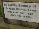 Gladys Isobel CARR, died 20 May 1958 aged 68 years; Killarney cemetery, Warwick Shire 